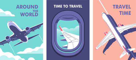 Passenger plane parked on the runway. View through the porthole of aircraft. Airplane gaining altitude between clouds. Travel, journey concept. Vector illustration in a minimalistic style.