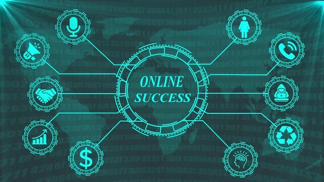 Digital network connecting global business success icons with online success text and binary code background representing digital transformation and growth - Powered by Adobe