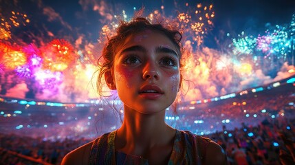 Teenage girl at night festival, fireworks display, stadium crowd