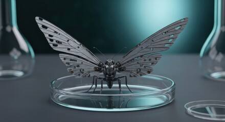 A metallic butterfly, intricate and detailed, rests on a petri dish, surrounded by laboratory glassware