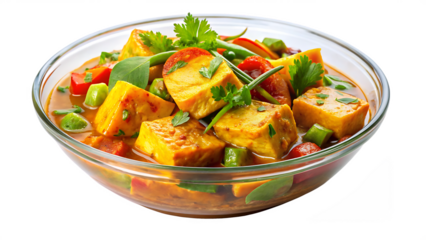 Vibrant tofu and vegetable curry served in a bowl on  transparent background
