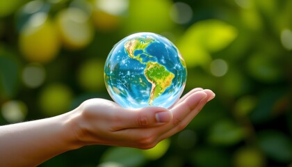 Blue crystal globe held in hand, positioned at top with ample space below, cheerful lemon tones, blurred green background, emphasizing environmental protection and sustainability.