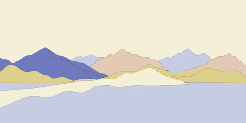 Abstract landscape with pastel mountains and water reflection