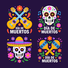 Day of the Dead party elements, skull illustrations, guitars, maracas, candles, stars, violet background, versatile celebration vector collection