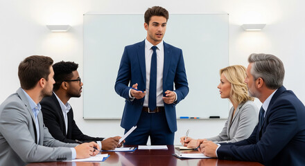 Dynamic businessman leads engaging meeting, inspiring team collaboration in modern conference room setting