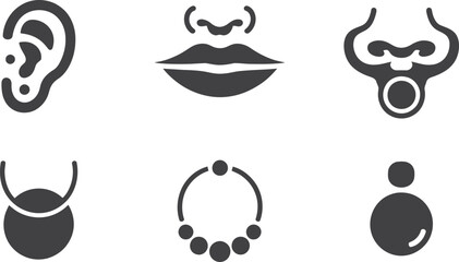 Collection of six stylized icons representing various body piercings and jewelry