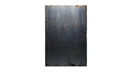 Heavily distressed dark slate gray metal panel, deep scratches, oxidized texture, worn edges, vertical on transparent background, copy space, studio lighting, subtle shadow, concept of industrial