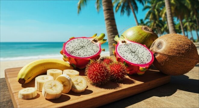 Tropical fruit platter on beach