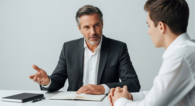 Experienced mentor guides young professional through career growth discussion in a bright, modern office setting