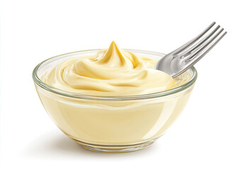 Creamy mayonnaise in a clear glass bowl, a silver fork