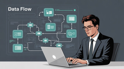 Data flow diagram software engineer using laptop for business process automation and workflow optimization