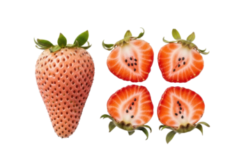 Pale pink, translucent, waxy elongated strawberry & quartered strawberry, dark seeds, shriveled sepals, transparent studio, copy space. Botanical anomaly, scientific examination concept