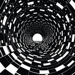 Abstract black and white tunnel with a circular vector design and blue light, perfect for a digital art wallpaper or technology background