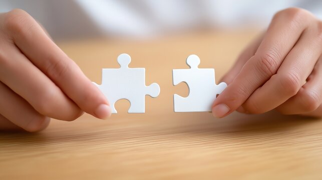 Hands holding puzzle pieces symbol of business collaboration and teamwork on light background.