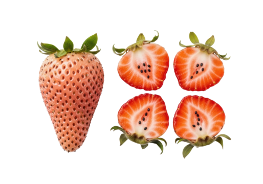 Pale pink, translucent, waxy elongated strawberry & quartered strawberry, dark seeds, shriveled sepals, transparent studio, copy space. Botanical anomaly, scientific examination concept