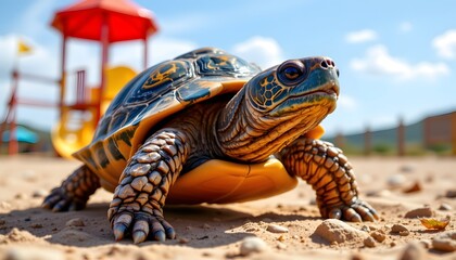 Obraz premium Cool turtle wearing stylish shades at the bottom of a pastel playground, sunset orange tones, ample copy space at the top, clear subject positioning for photo.