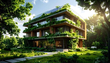 Modern, eco-friendly building with lush greenery amidst vibrant green lawns and trees