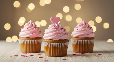 Three Pink Frosted Cupcakes with Sprinkles and Heart Topper on Wooden Surface