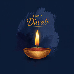 A tall brass diya with golden flame shines in watercolor style, set on a navy backdrop with elegant gold foil Happy Diwali typography.
