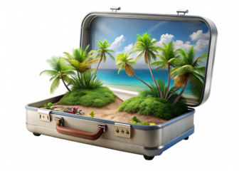 3D Tropical Escape Packed Inside a Suitcase on White & Transparent Background