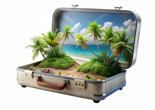 3D Tropical Escape Packed Inside a Suitcase on White & Transparent Background - Powered by Adobe