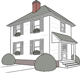 Hand drawn sketch of a classic two story house with shutters and bushes