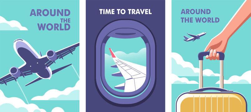Travel, journey concept. Woman holding a suitcase in her hand close-up and a airplane taking off. View through the porthole of aircraft. Vector illustration in a minimalistic style.