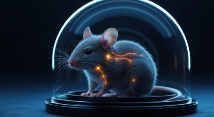 A small gray mouse sits inside a clear glass dome, illuminated with glowing lines depicting internal structures