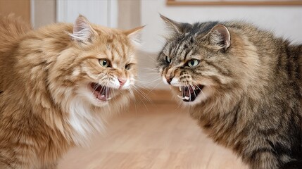 Two angry cats hissing and showing teeth indoors with aggressive facial expressions and hostile behavior