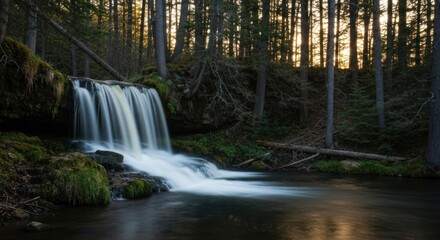 A tranquil waterfall cascading over mossy rocks into a still pool, surrounded by a dense forest at golden hour