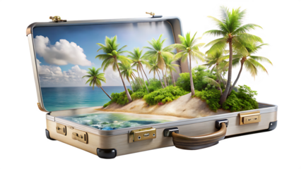 3D Tropical Escape Packed Inside a Suitcase on White & Transparent Background