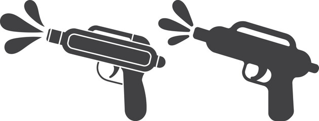 Two silhouette water guns spraying water on a white background