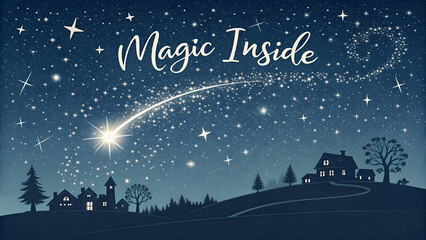 Naklejka premium Whimsical night sky filled with stars and swirling stardust above cozy village silhouettes — ideal for holiday cards, dreamy seasonal illustrations and magical celebration visuals