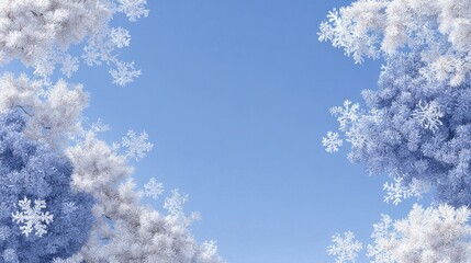 Frosty trees with delicate snowflakes adorn a tranquil winter landscape against a bright blue sky, evoking peace and beauty