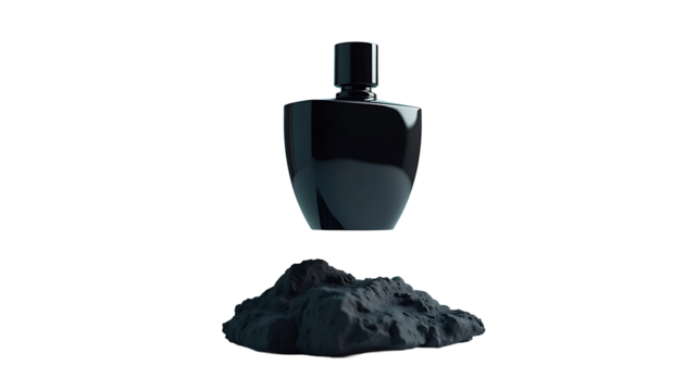 A black perfume bottle with LALITVE on its side sits on a rock against a misty background