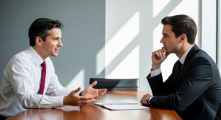 Professional businessmen engaged in focused discussion around a modern conference table, planning success