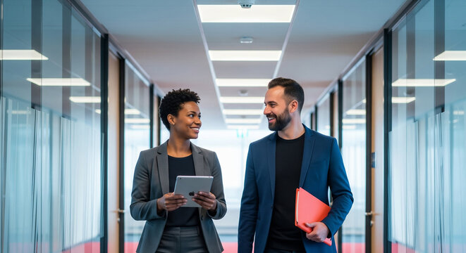Confident diverse professionals collaborating and smiling while walking down a bright modern office hallway with tablets and folders