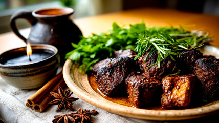 Braised beef cubes in a rich sauce garnished with rosemary on a rustic plate with spices.