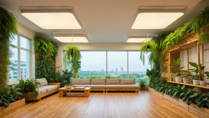 Fototapeta premium Serene indoor garden lounge with city view for relaxation and wellness promotion