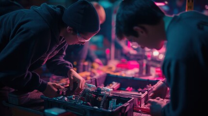 Young people working on robotics project at electronic workshop in vibrant lighting