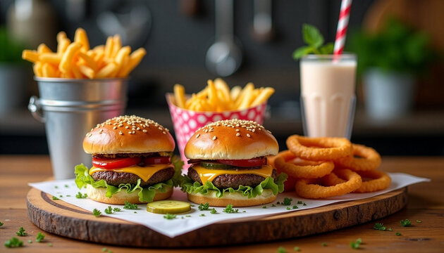 Delicious gourmet cheeseburger combo with crispy french fries, onion rings, and a creamy milkshake on a wooden platter