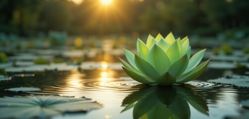 Hyperrealistic Green Lotus Bud Reflecting in Still Water at Sunrise, Detailed