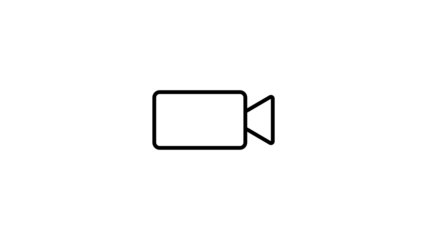 Simple white video camera icon on a solid black background representing recording or filming