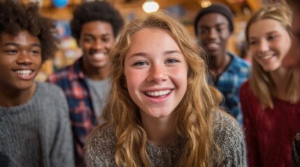 Fototapeta premium Joyful group of diverse teenagers smiling and enjoying each other's company indoors with warm lighting and friendly atmosphere