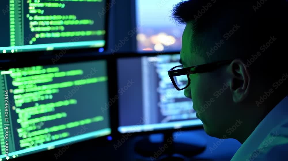 Wall mural dedicated programmer intensely working on multiple monitors full of green lines code
