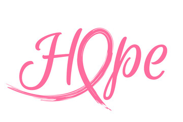 Breast cancer awareness pink ribbon shaped into the word hope with elegant typography, symbolizing strength, cure, and support for women’s health