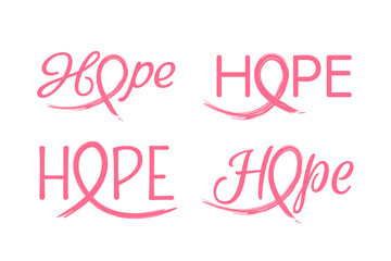 Set of breast cancer awareness hope word designs with pink ribbon typography, symbolizing support, strength, and solidarity in the fight against cancer