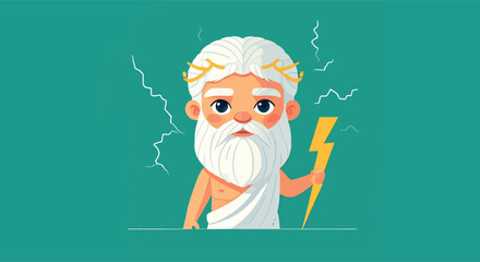 Cartoon illustration of the ancient Greek god Zeus holding a lightning bolt.