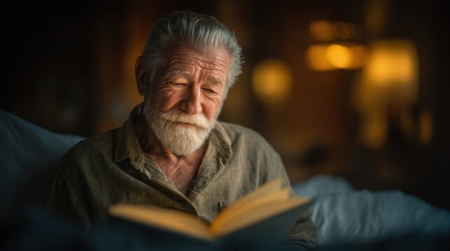 Elderly Man with White Hair and Beard Reading a Book in a Cozy Warm-Lit Environment