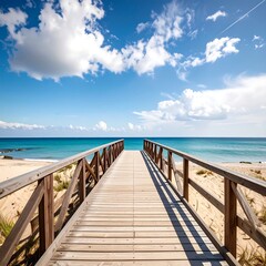 Fototapeta premium Wooden boardwalk leading to tranquil beach under a vibrant blue sky
